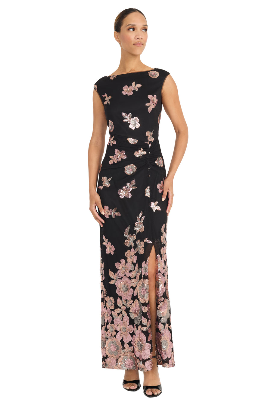 Lucie Boat Neck Front Slit Sequin Gown
