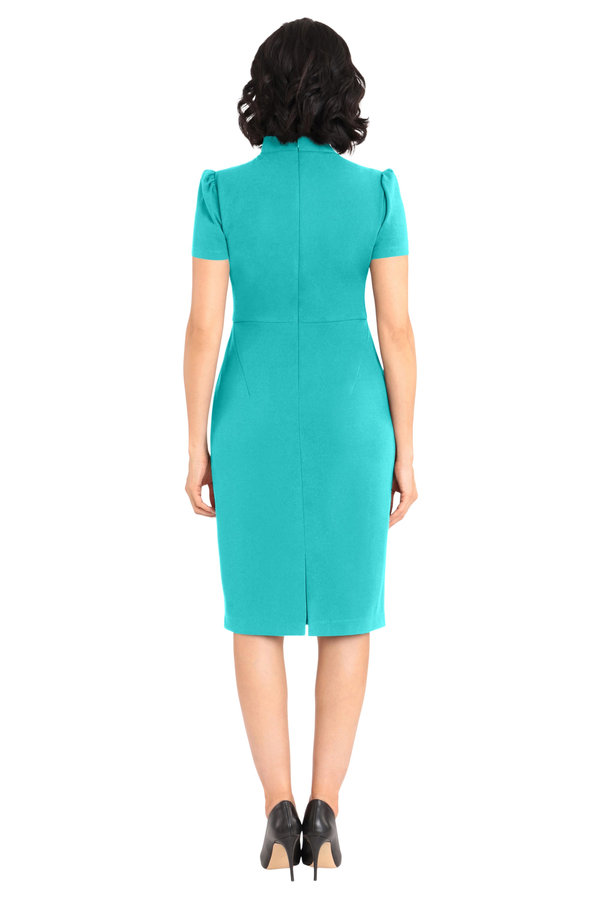 Maggy london tie neck puff sleeve scuba crepe dress hotsell