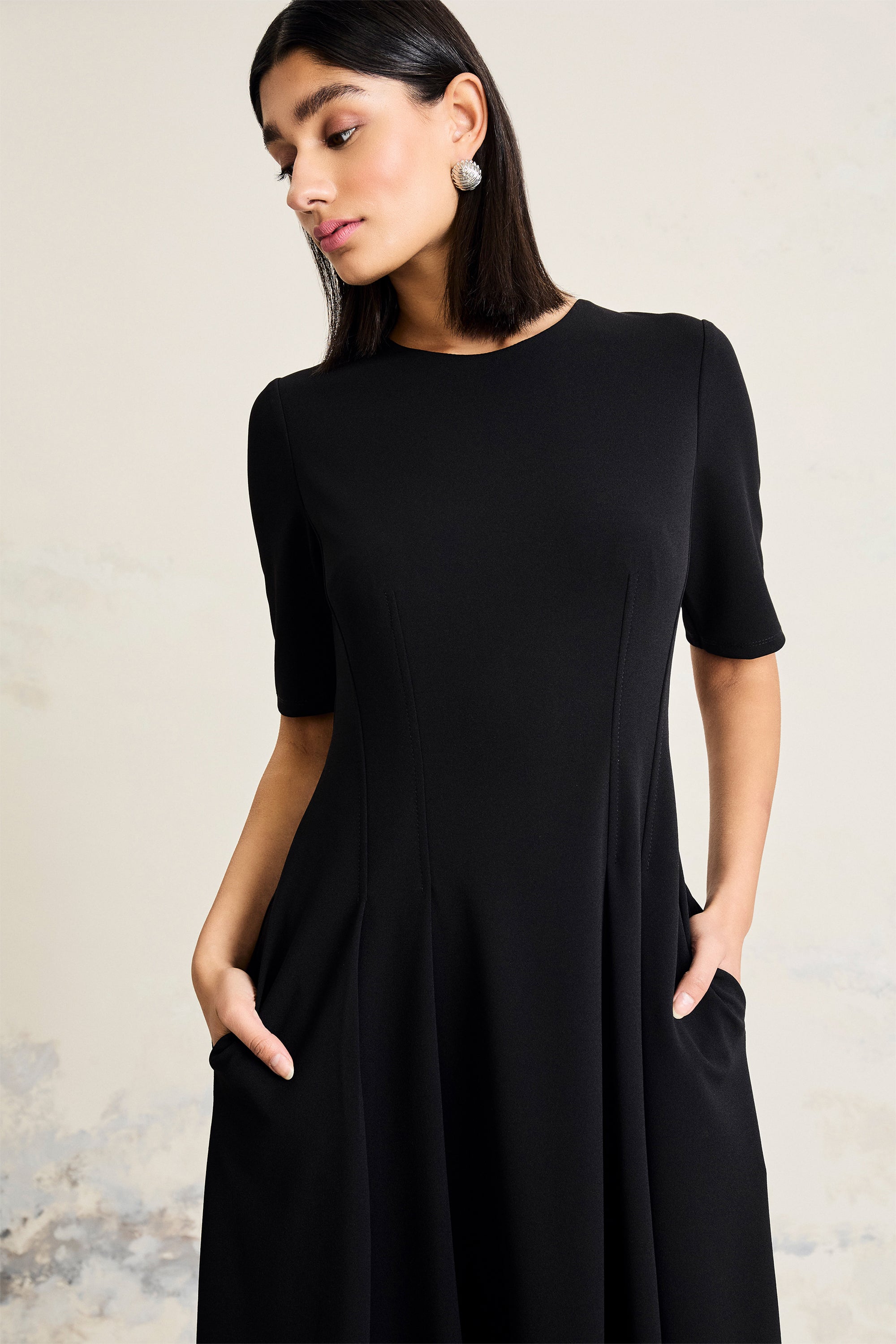 Tresa Below the Knee A-Line Dress Short Sleeve Midi | Maggy London
