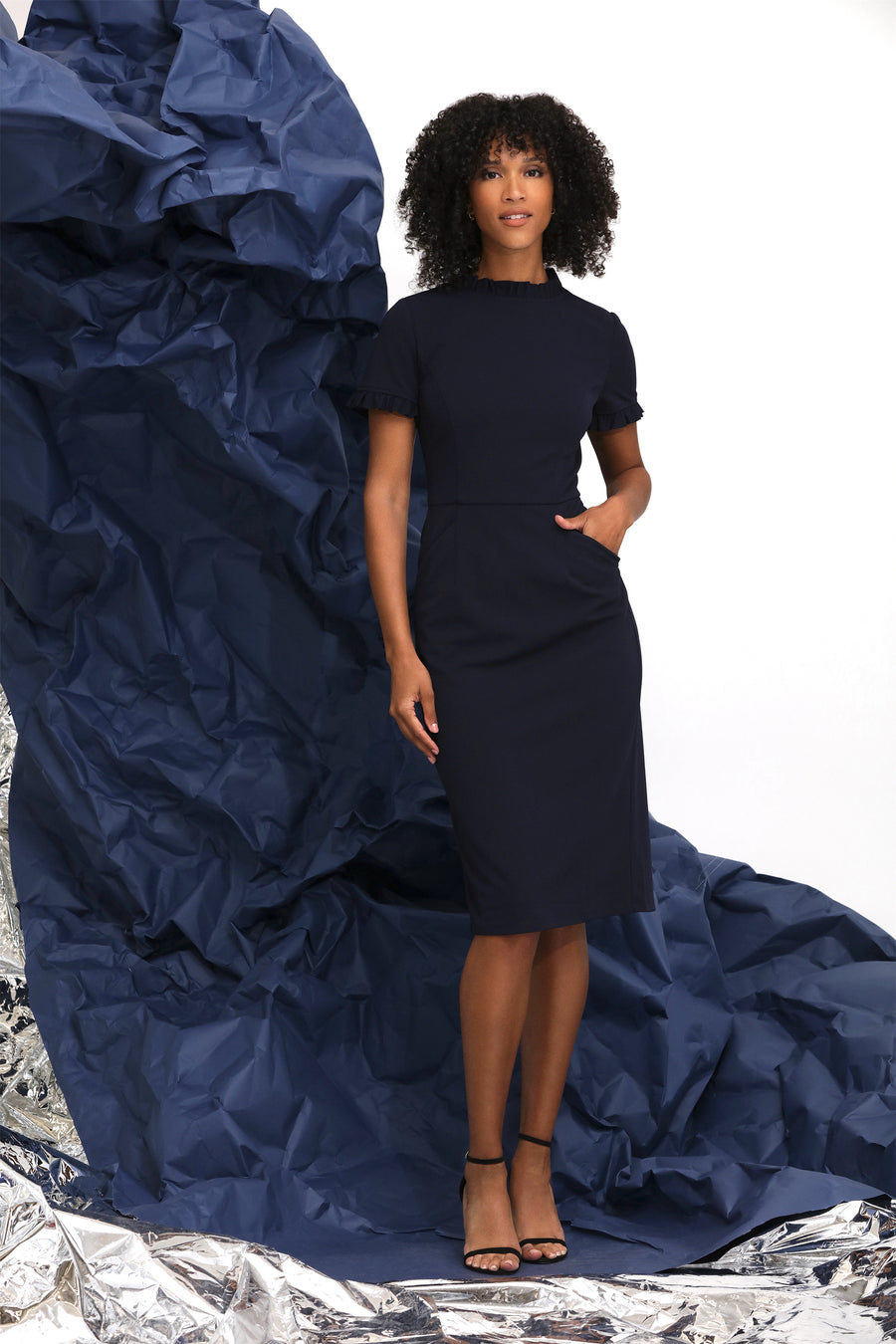 RUFFLE COLLAR SLANT POCKET SHEATH DRESS Maggy London RUFFLE COLLAR SLANT POCKET SHEATH DRESS Maggy London