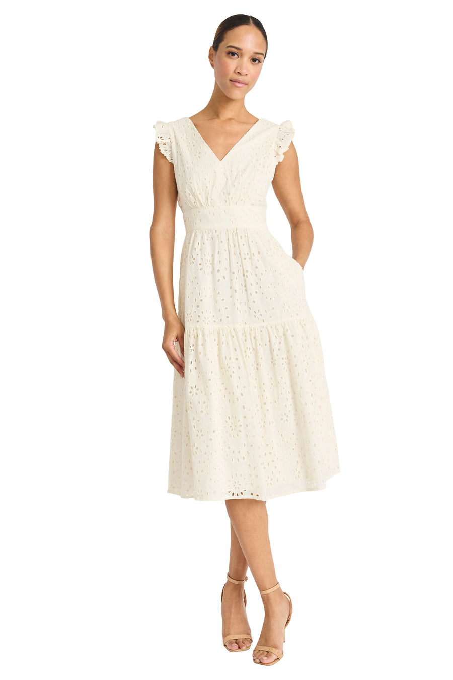 MIDI DRESS WITH RUFFLE SLEEVES AND V NECK Maggy London MIDI DRESS WITH RUFFLE SLEEVES AND V NECK Maggy London