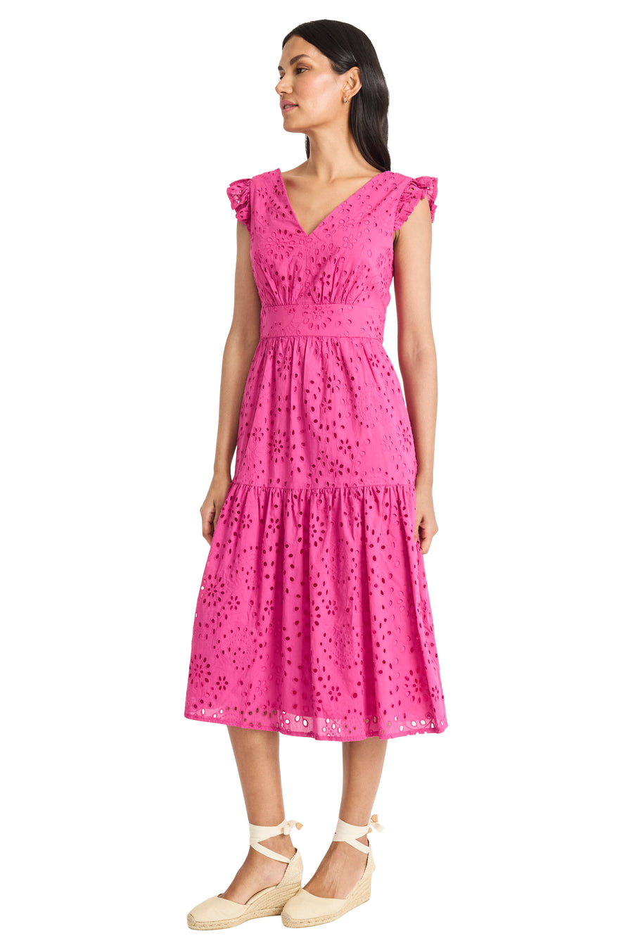 MIDI DRESS WITH RUFFLE SLEEVES AND V NECK Maggy London MIDI DRESS WITH RUFFLE SLEEVES AND V NECK Maggy London