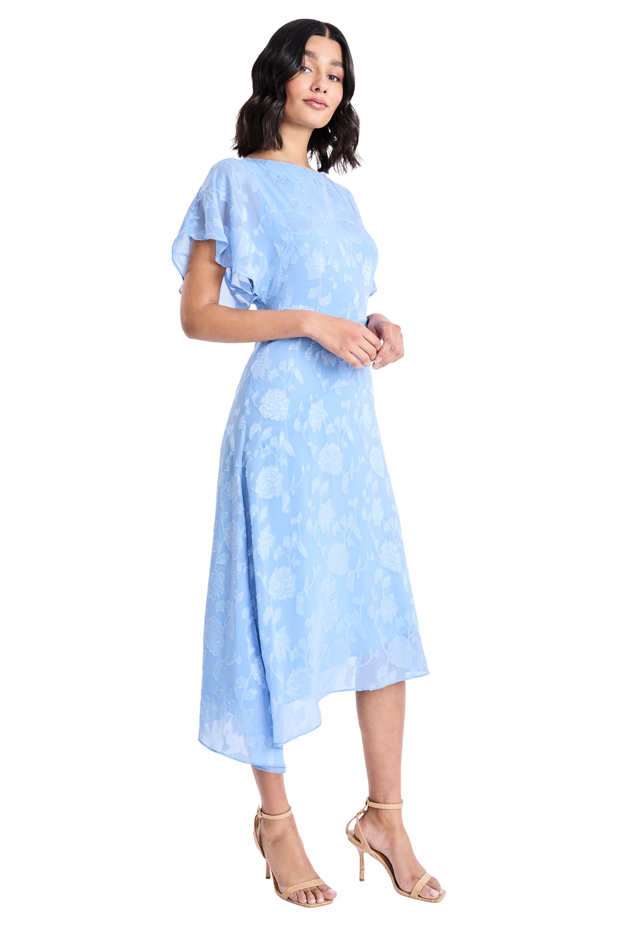 maggy london dress blue Floral Burnout Round Neck Short Flutter Sleeve Midi Dress, Womens, 10, Azurine Catalina Crepe Missy model Shop Little Black Dresses, Size:XL (UK16) Mother Bride