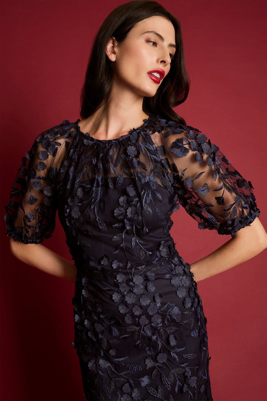 FLORAL Illusion PUFF SLEEVE Midi DRESS W/ KEYHOLE Navy / Standard / 14 FLORAL Illusion PUFF SLEEVE Midi DRESS W/ KEYHOLE Navy / Standard / 14
