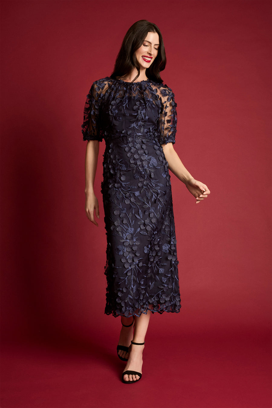 Marigold Textured 3D Embroidered Puff Sleeve Maxi