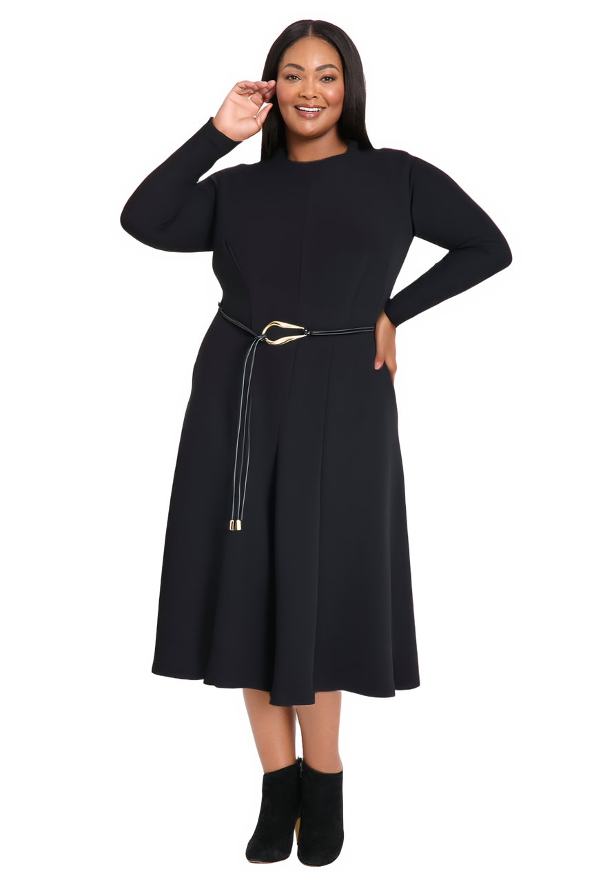 Maggy London Long Sleeve Midi Dress with Tie Be lt, Size 18W, Black