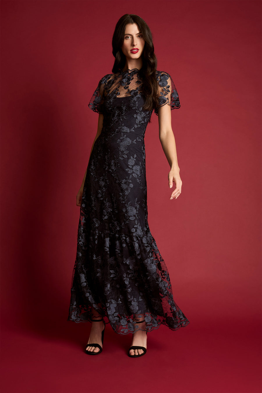 Adelheid Embroidered Lace Gown A-Line Short Sleeve Maxi | Maggy London Twilight Navy / Standard / 8 Adelheid Embroidered Lace Gown A-Line Short Sleeve Maxi | Maggy London Twilight Navy / Standard / 8