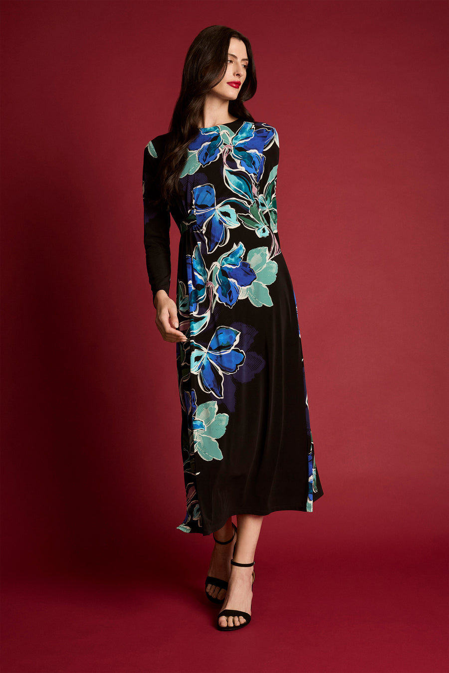 Maggy London Ity Floral Print Crew Neck Long Sleeve Midi Dress, Womens, 8, Black/Green Maggy London Ity Floral Print Crew Neck Long Sleeve Midi Dress, Womens, 8, Black/Green