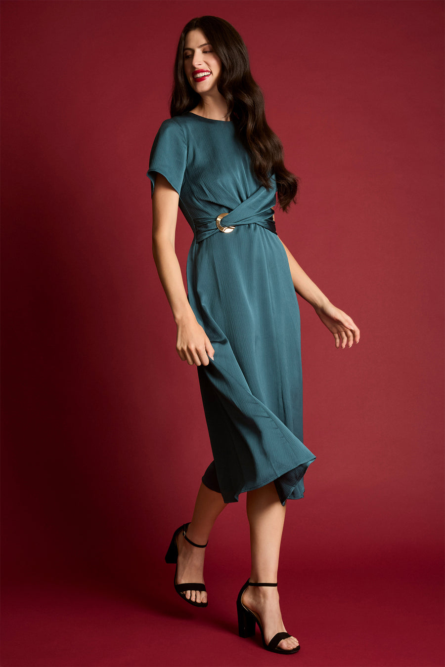 Arianne Gold Waist Detail Midi Dress A-Line | Maggy London GREEN HERON / Standard / 6 Arianne Gold Waist Detail Midi Dress A-Line | Maggy London GREEN HERON / Standard / 6