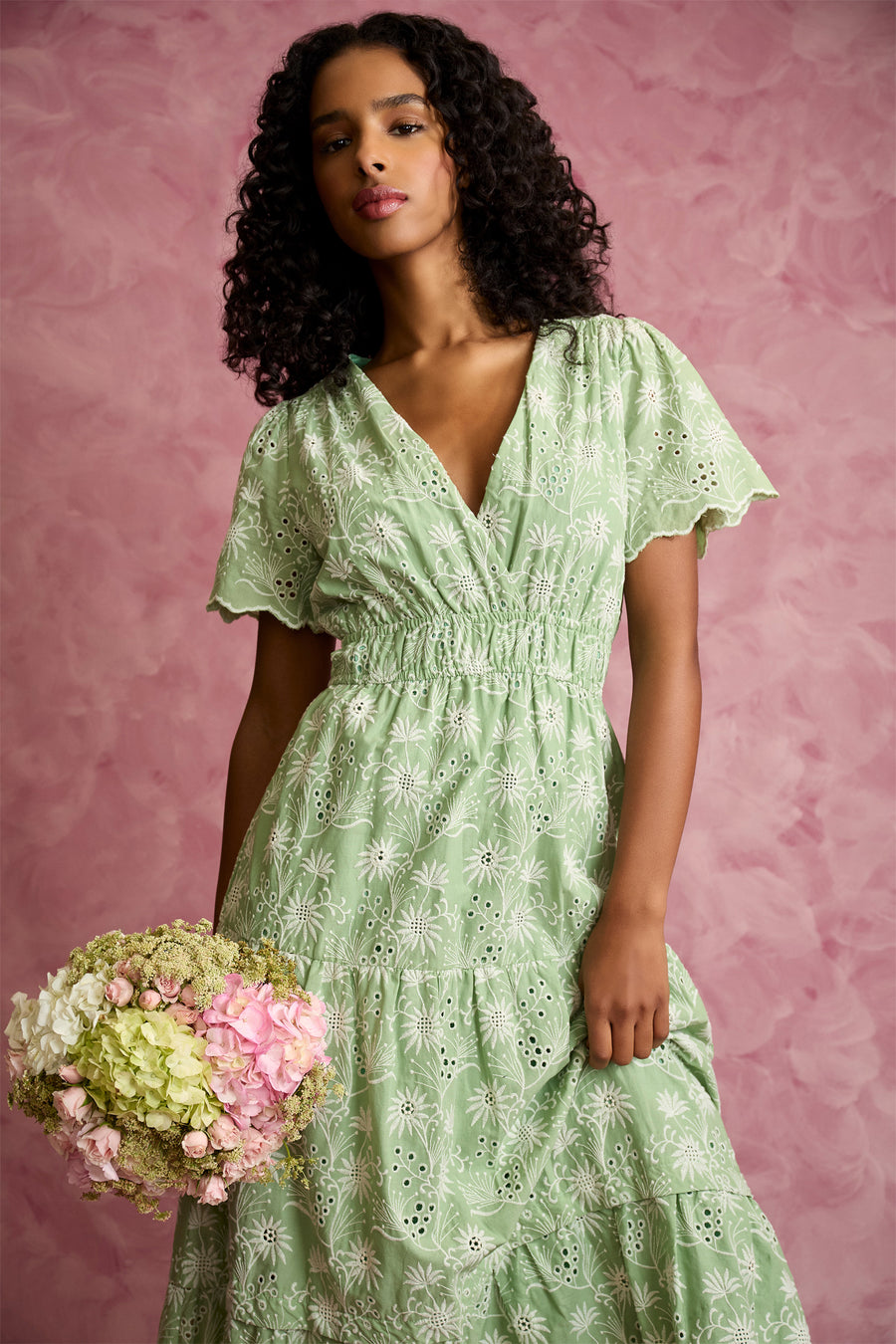 Kyra Cotton Embroidered Flutter Sleeve Midi Dress