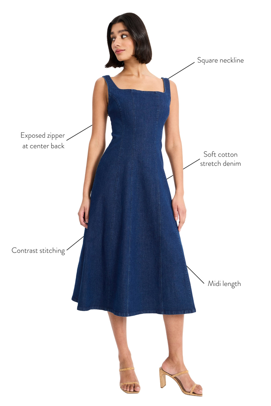 Arielle Cotton Stretch Square Neck Denim Midi