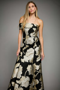 Reya Off the Shoulder Gown in Metallic Floral Jacquard