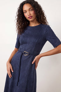 Elea Elbow Sleeve Midi Dress with Belt in Suede