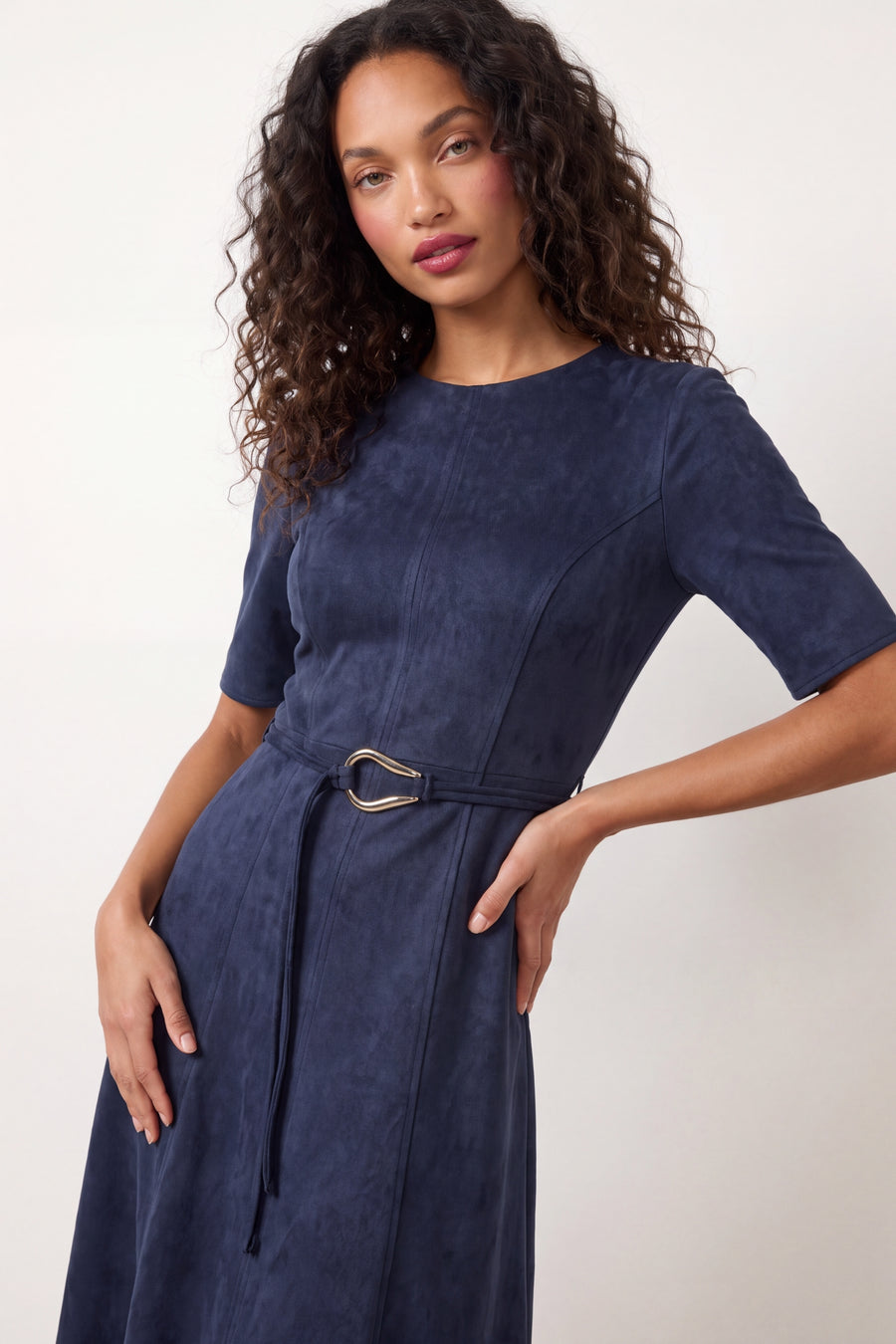 Elea Elbow Sleeve Midi Dress with Belt in Suede