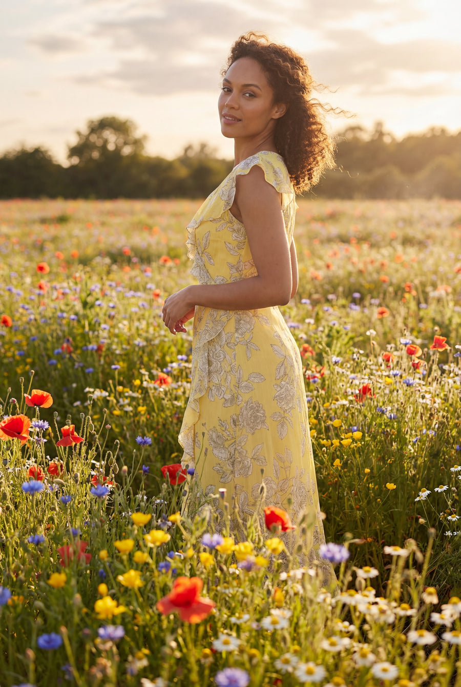 Alessandra Ruffle Faux Wrap Dress in Line Bloom A-Line | London Times Maggy London Alessandra Ruffle Faux Wrap Dress in Line Bloom A-Line | London Times Maggy London