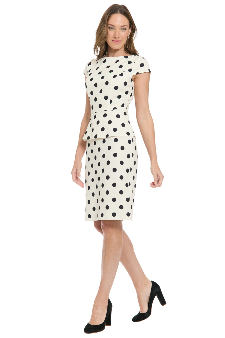 Nadya Cap Sleeve Peplum Sheath in Quarter Dots