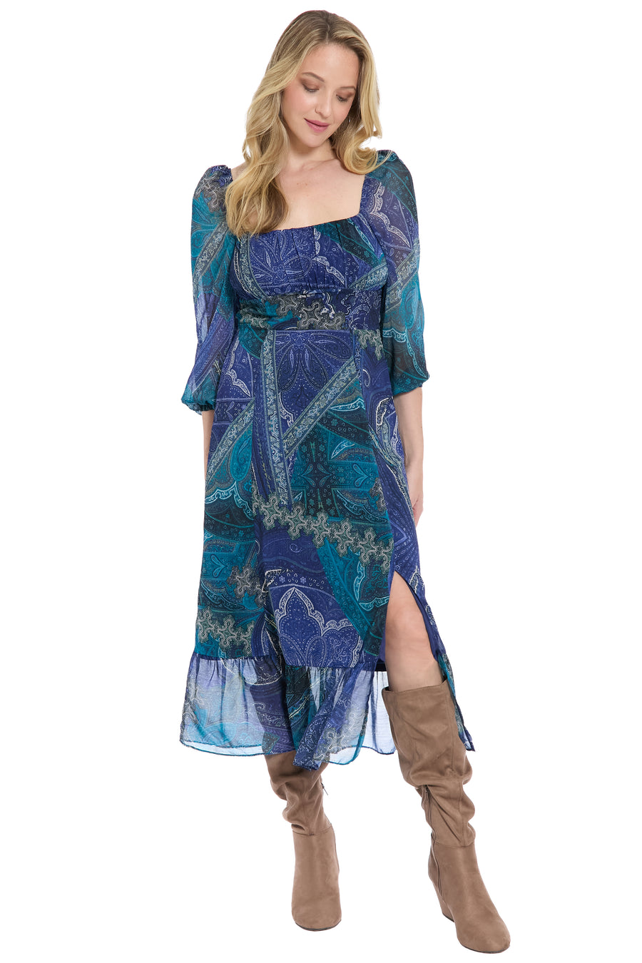 Kristin 3/4 Puff Sleeve Midi in Paisley Chiffon
