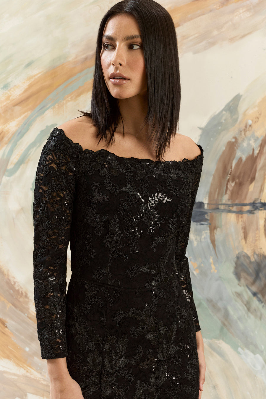 Kelley Sequin Lace Off the Shoulder Gown