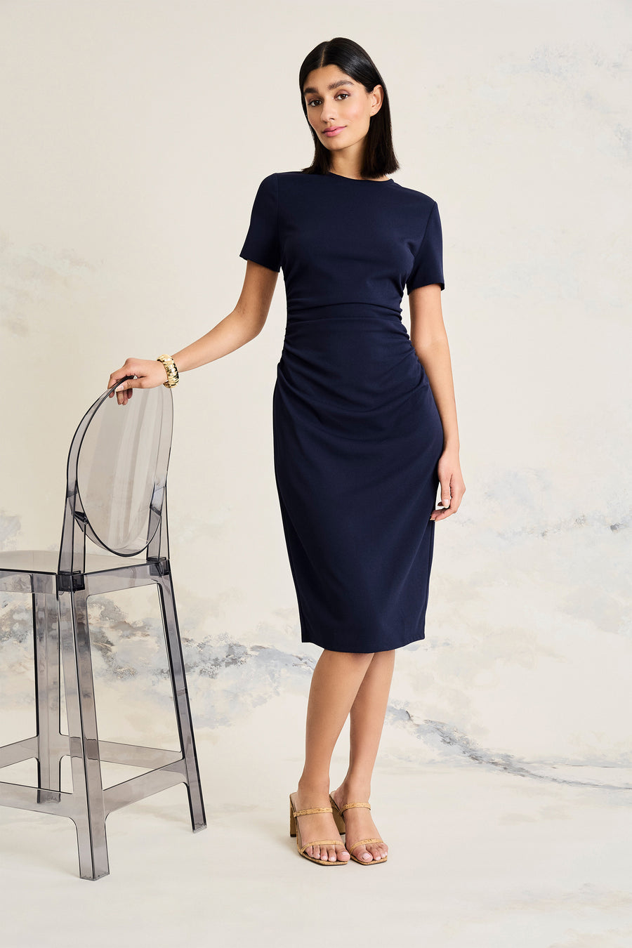 SHORT SLEEVE RUCHED MIDI DRESS Maggy London SHORT SLEEVE RUCHED MIDI DRESS Maggy London