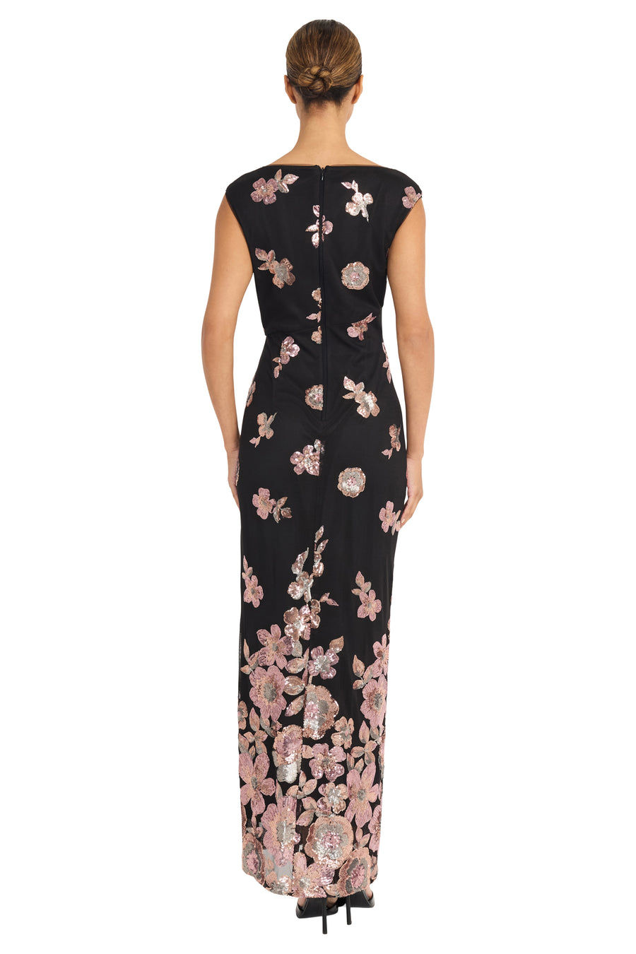 Lucie Boat Neck Front Slit Sequin Gown Sheath | Maggy London Lucie Boat Neck Front Slit Sequin Gown Sheath | Maggy London