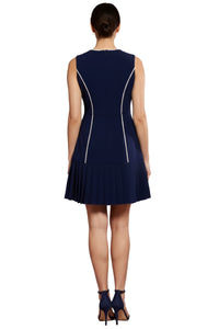 Nani Contrast Piped Pleated Dress in Navy