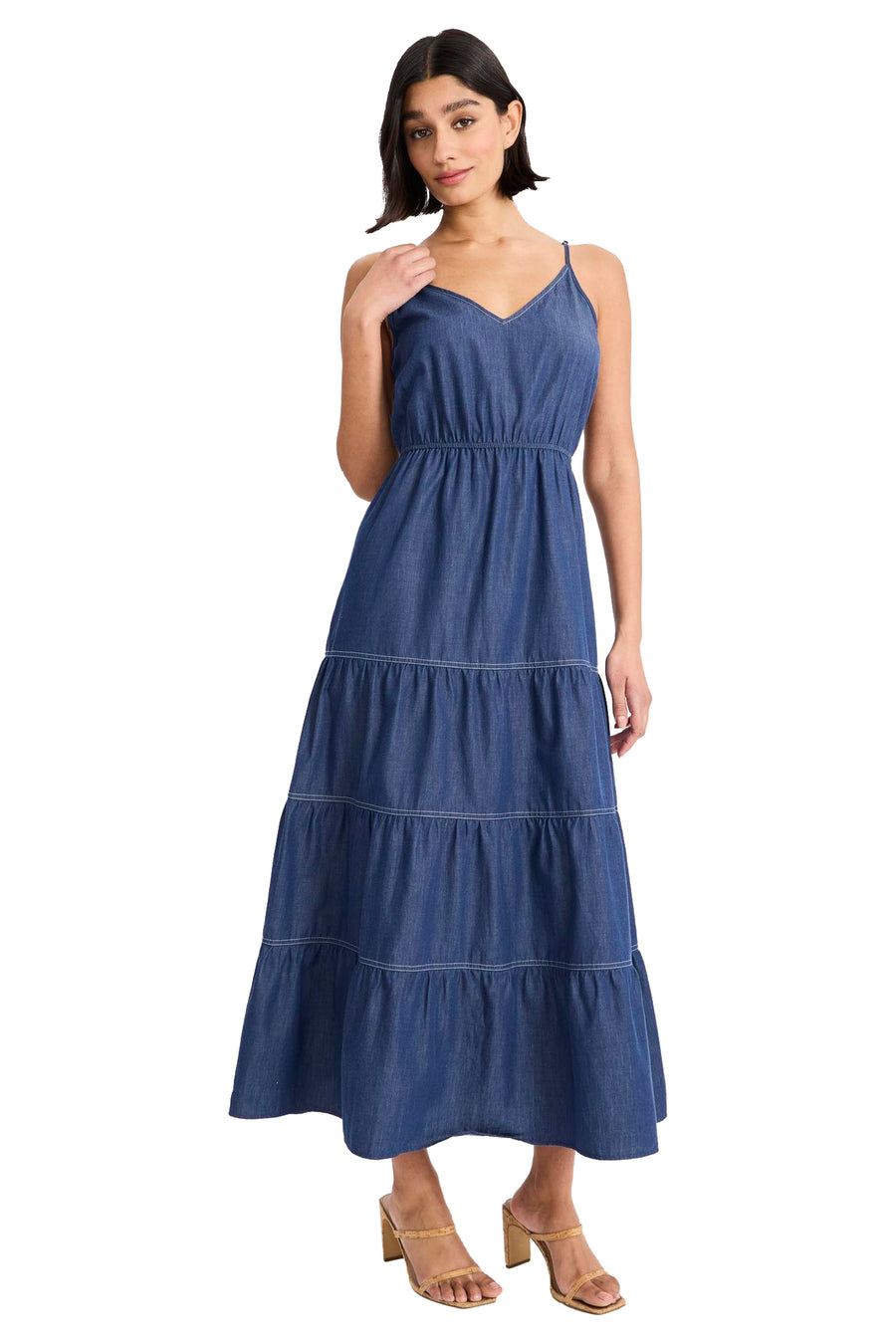 Pat Spaghetti Strap Denim Midi Dress