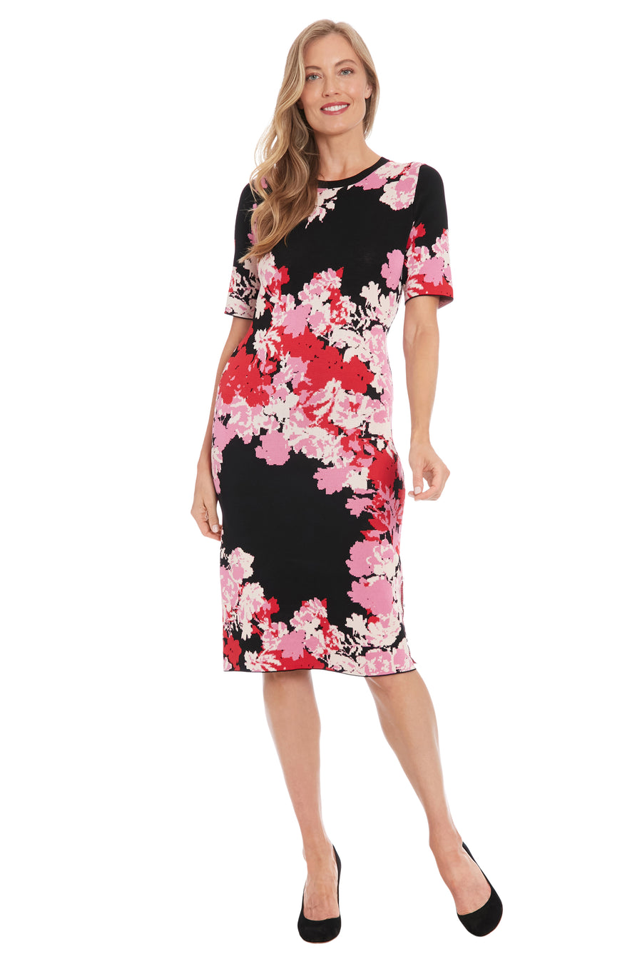 Crew neck Short Slv Flower Sweater Dress – Maggy London Crew neck Short Slv Flower Sweater Dress – Maggy London