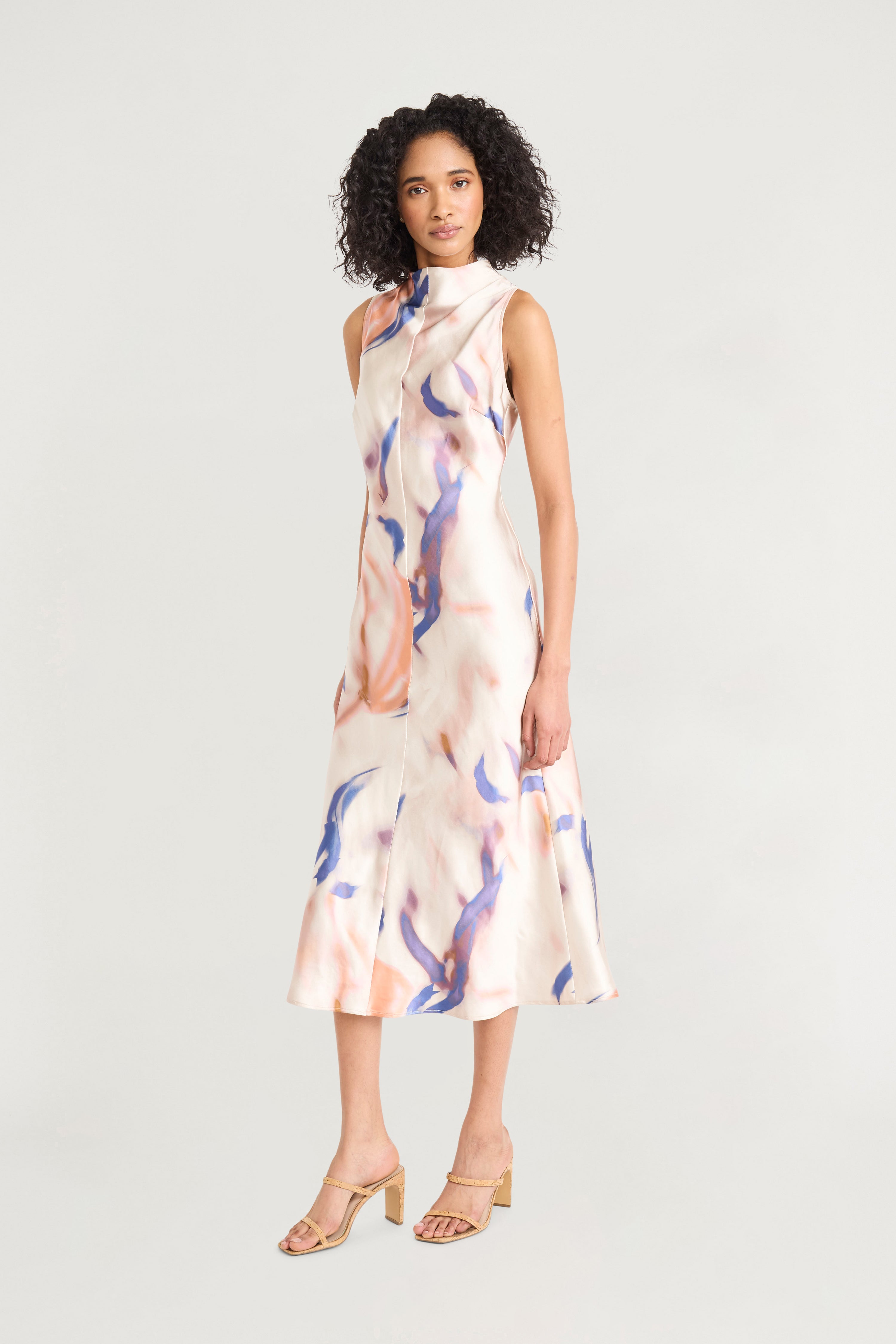 Luxely Women's Printed High-Neck Sleeveless Dress - Cream Blue