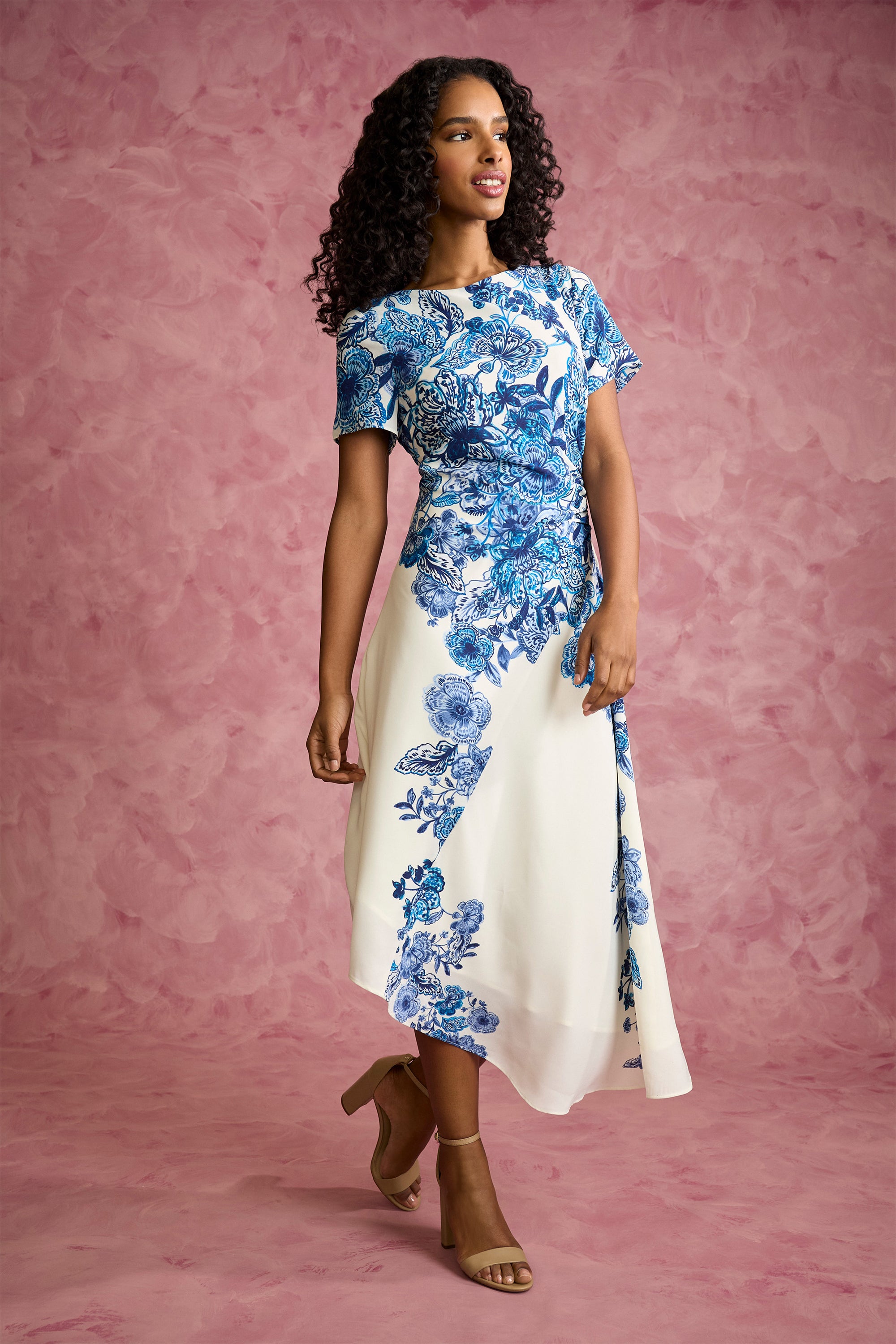 Jordana Asymmetrical Midi in Adorned Floral Georgette | Maggy London