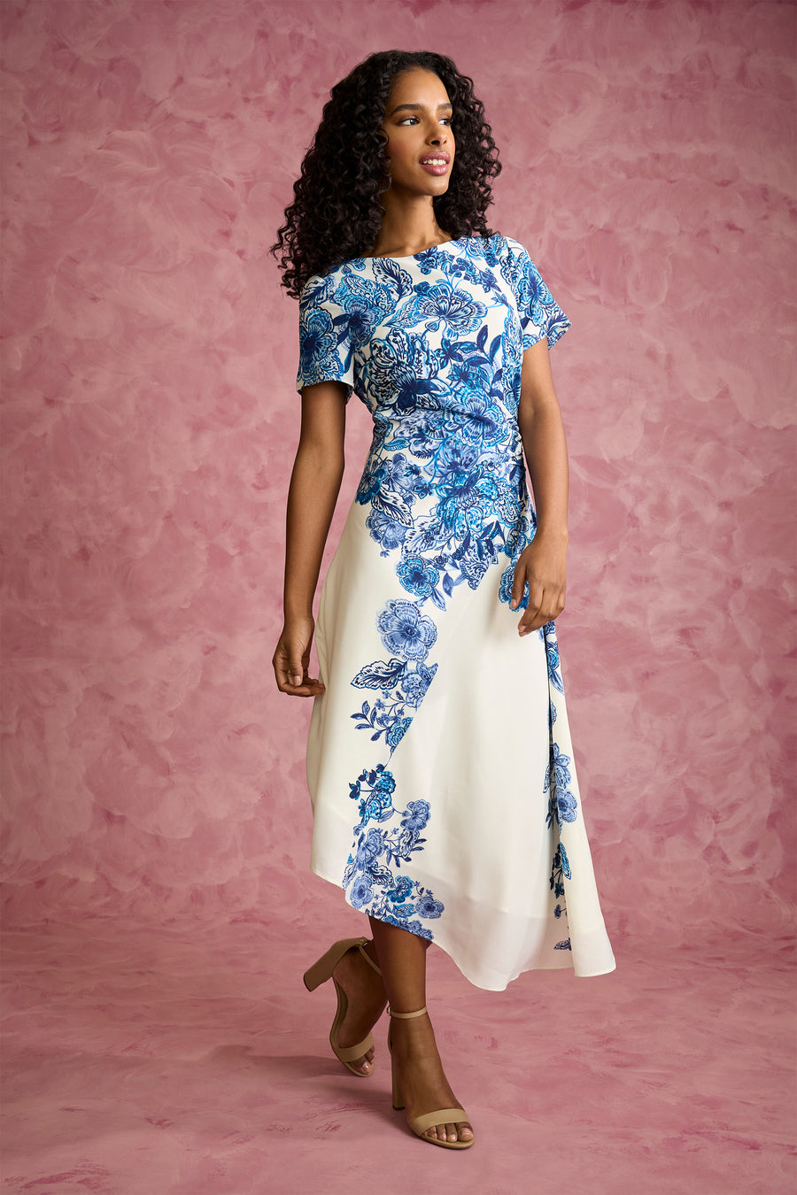 Maggy London Women's Short-Sleeve Midi Dress - White/Blue - Size 4 Maggy London Women's Short-Sleeve Midi Dress - White/Blue - Size 4