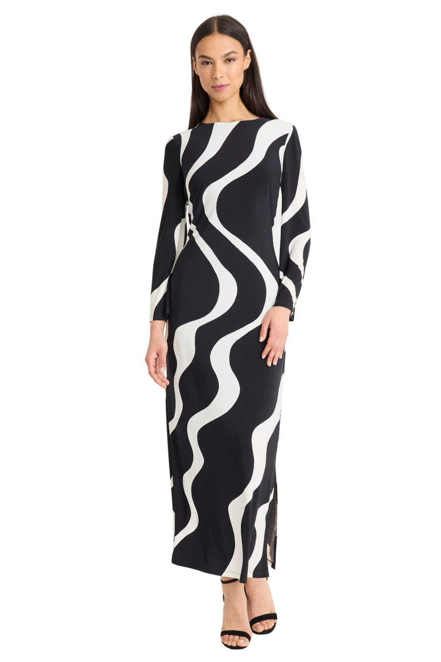 Donna Morgan Matte Jersey Wavy Print Crew Neck Long Sleeve Sheath Maxi Dress, Womens, 4, Black/Ivory Donna Morgan Matte Jersey Wavy Print Crew Neck Long Sleeve Sheath Maxi Dress, Womens, 4, Black/Ivory