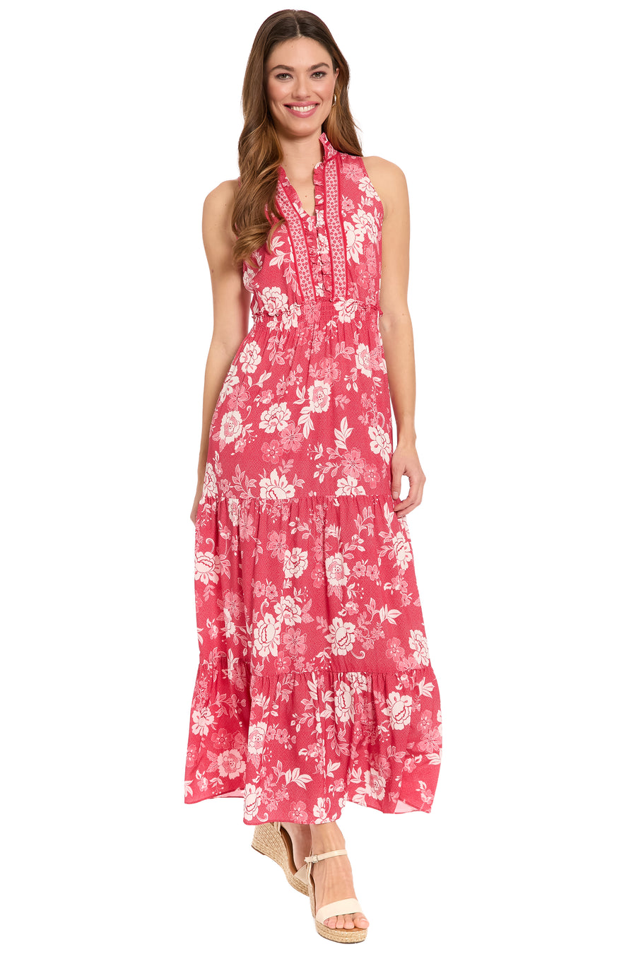 London Times Women's Ruffle Neck Smocked Waist Maxi Dress - Red - Maxi dresses London Times Women's Ruffle Neck Smocked Waist Maxi Dress - Red - Maxi dresses