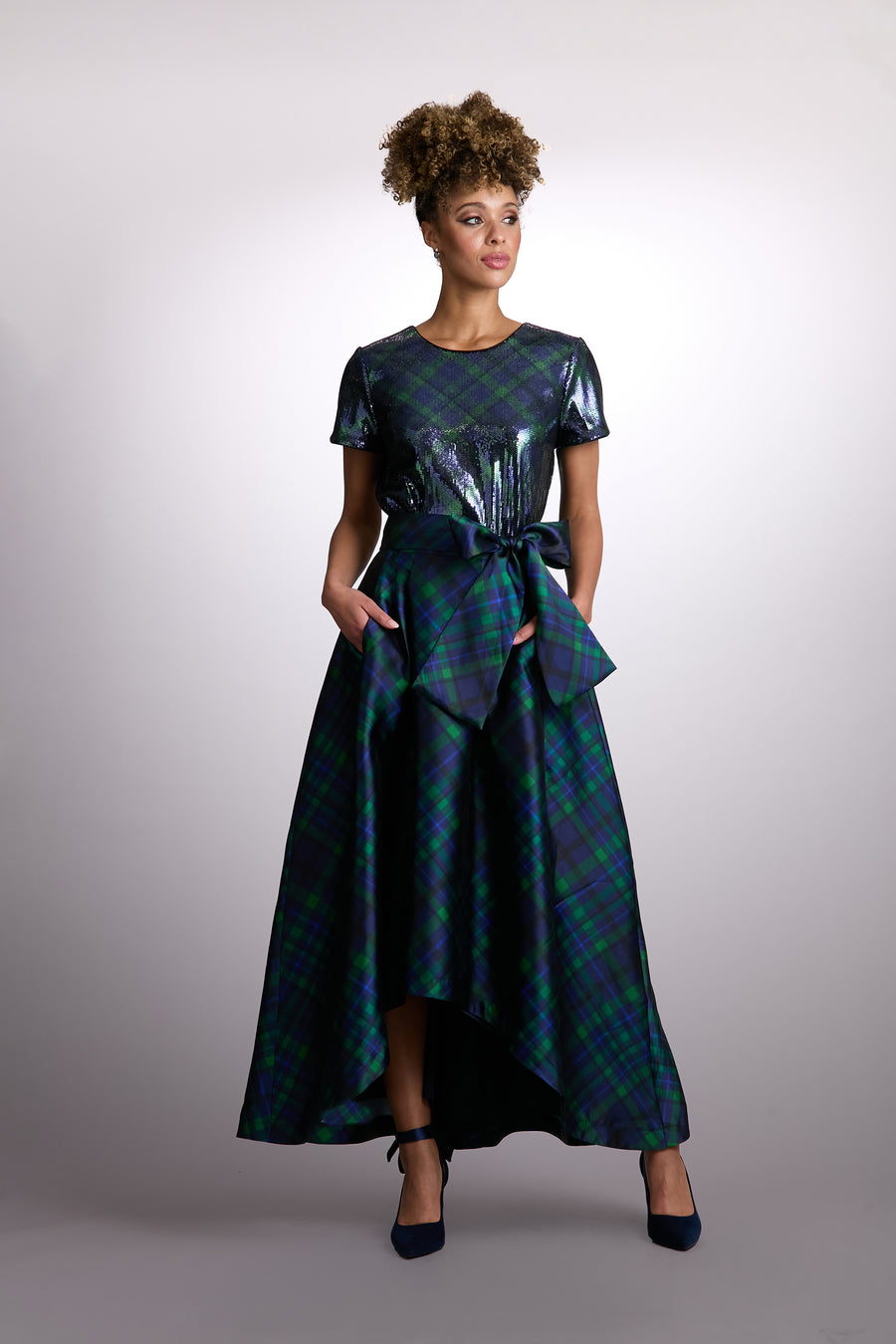 Roosevelt Sequined Plaid Short Sleeve Party Top