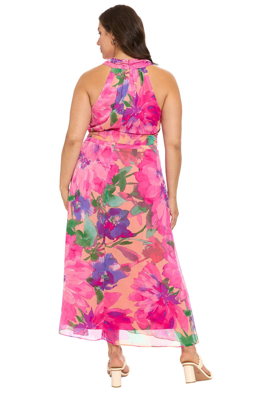 Amberlyn Halter Maxi in Magestic Garden A-Line | London Times PEACH/HOT PINK / Standard / 18 Amberlyn Halter Maxi in Magestic Garden A-Line | London Times PEACH/HOT PINK / Standard / 18