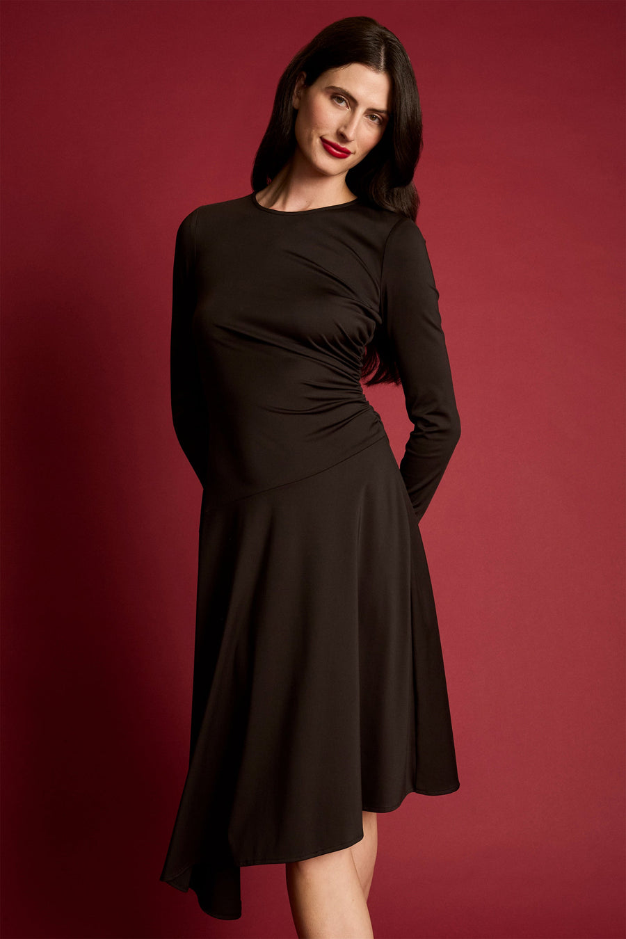 Klaudia Ruched Long Sleeve Midi Dress Black / Standard / 2