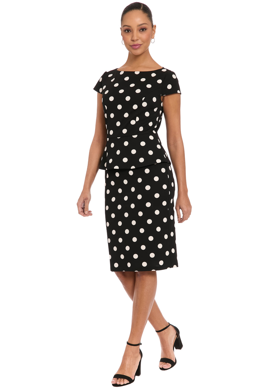 Nadya Cap Sleeve Peplum Sheath in Quarter Dots