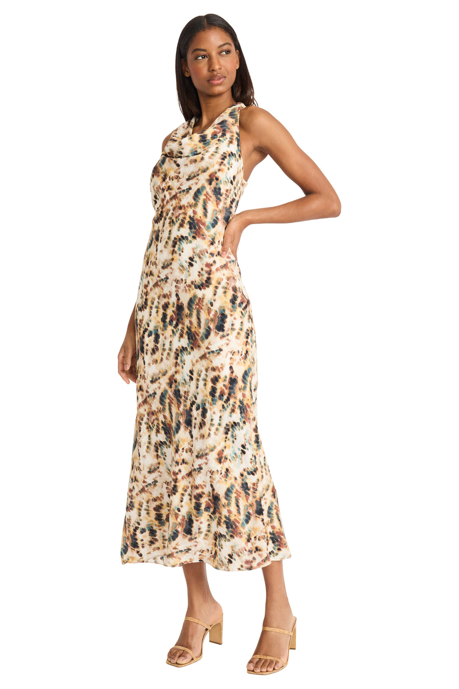Donna Morgan Printed Woven Cowl Neck Sleeveless Column Midi Dress, Womens, 2, White/Brown Donna Morgan Printed Woven Cowl Neck Sleeveless Column Midi Dress, Womens, 2, White/Brown