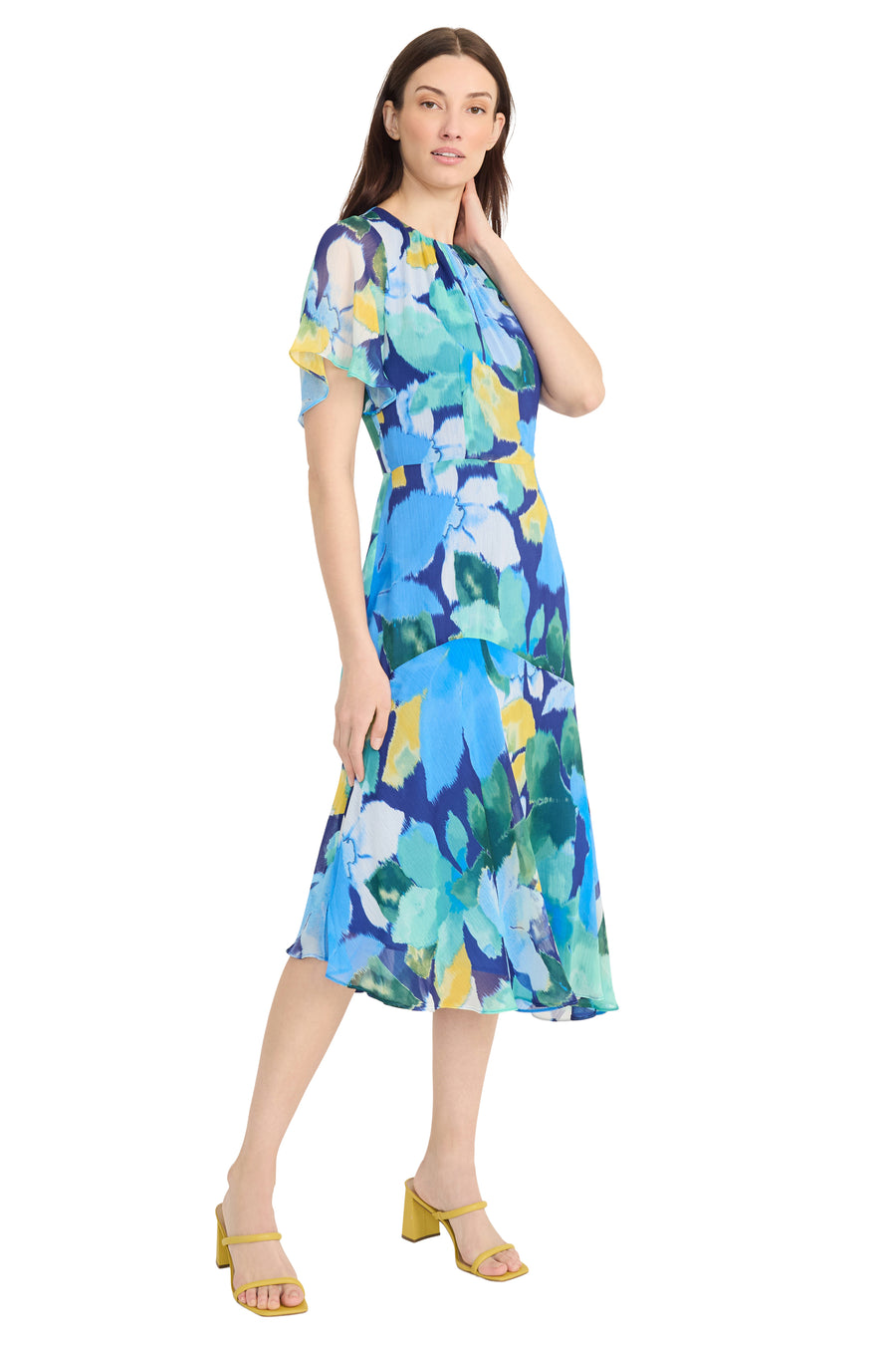 Maggy London Women's Flutter-Sleeve Floral-Print Asymmetrical Dress - Navy/Cerulian Blue