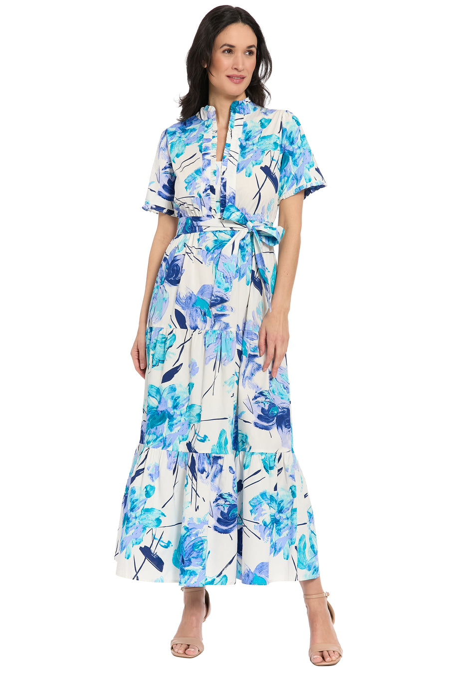 London Times Women's Ruffle Neck Maxi Dress - Blue - Maxi dresses London Times Women's Ruffle Neck Maxi Dress - Blue - Maxi dresses