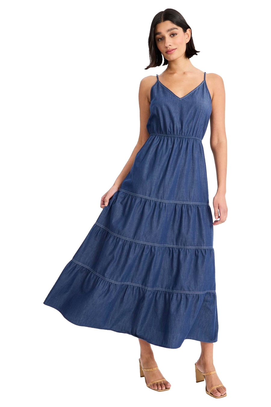 Pat Spaghetti Strap Denim Midi Dress
