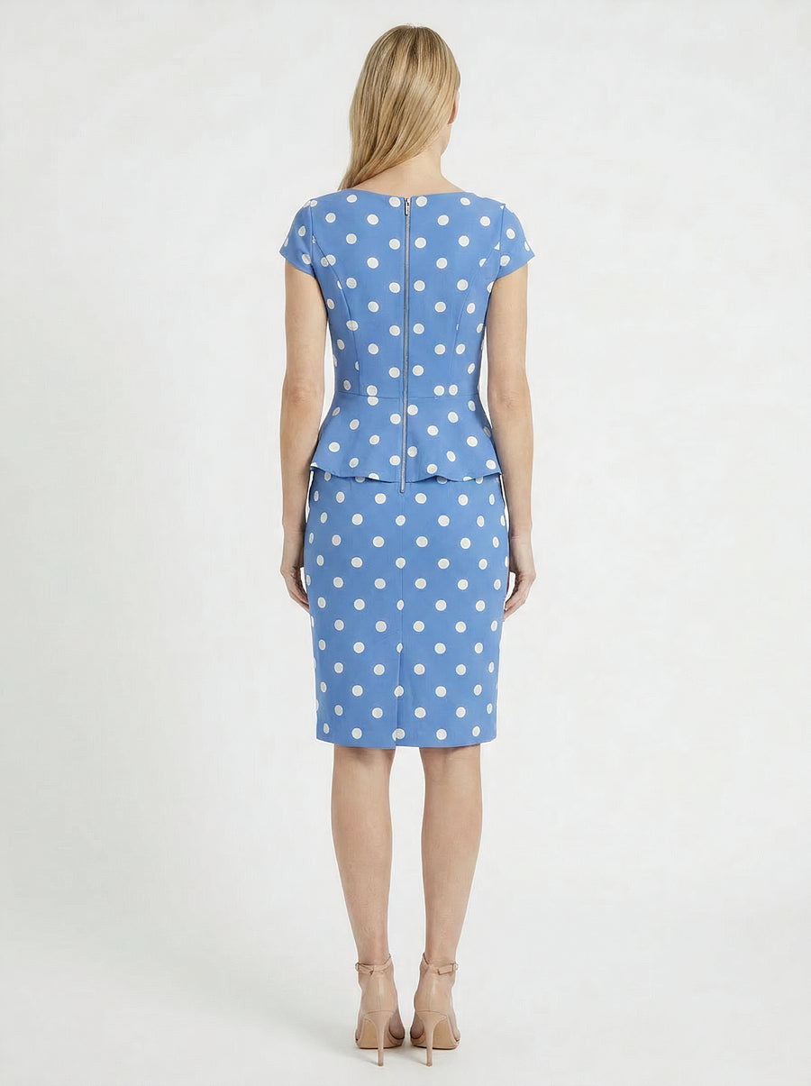 Nadya Cap Sleeve Peplum Sheath in Quarter Dots