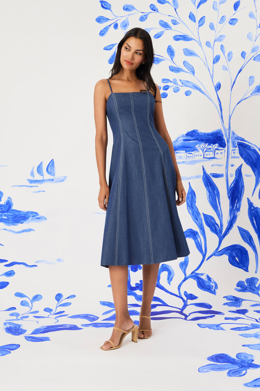Keri Spaghetti Strap Midi in Denim A-Line Dress | Maggy London Keri Spaghetti Strap Midi in Denim A-Line Dress | Maggy London