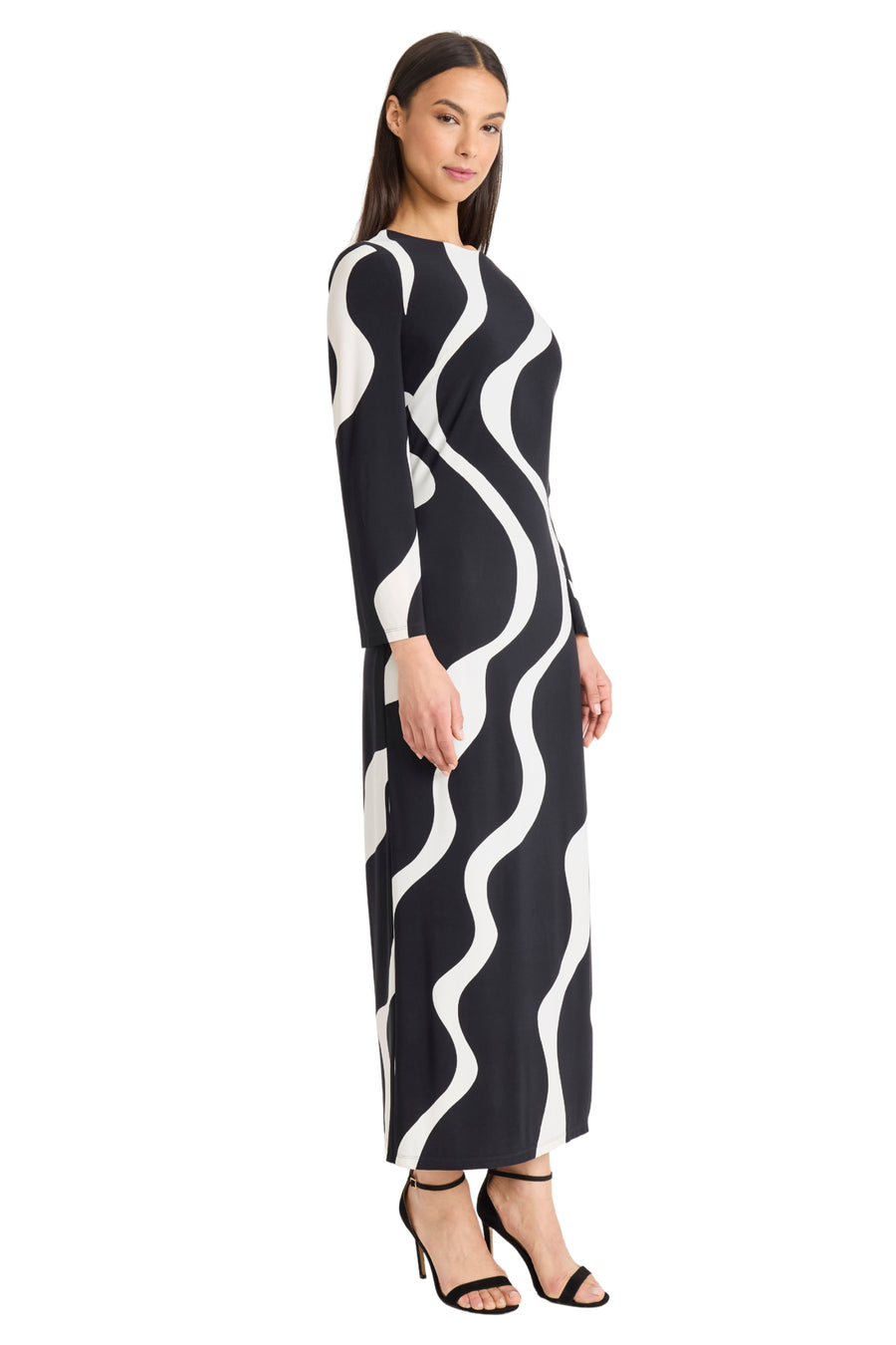 Donna Morgan Matte Jersey Wavy Print Crew Neck Long Sleeve Sheath Maxi Dress, Womens, 4, Black/Ivory Donna Morgan Matte Jersey Wavy Print Crew Neck Long Sleeve Sheath Maxi Dress, Womens, 4, Black/Ivory