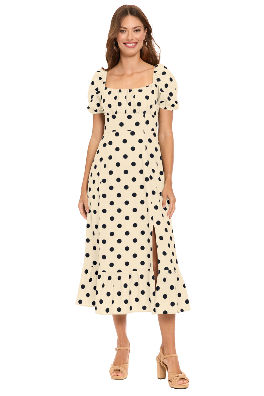 polka dot puff sleeve midi dress Reiss Astrid - Navy/Ivory Astrid Linen Puff-Sleeve Polka-Dot Midi Dress, 18
