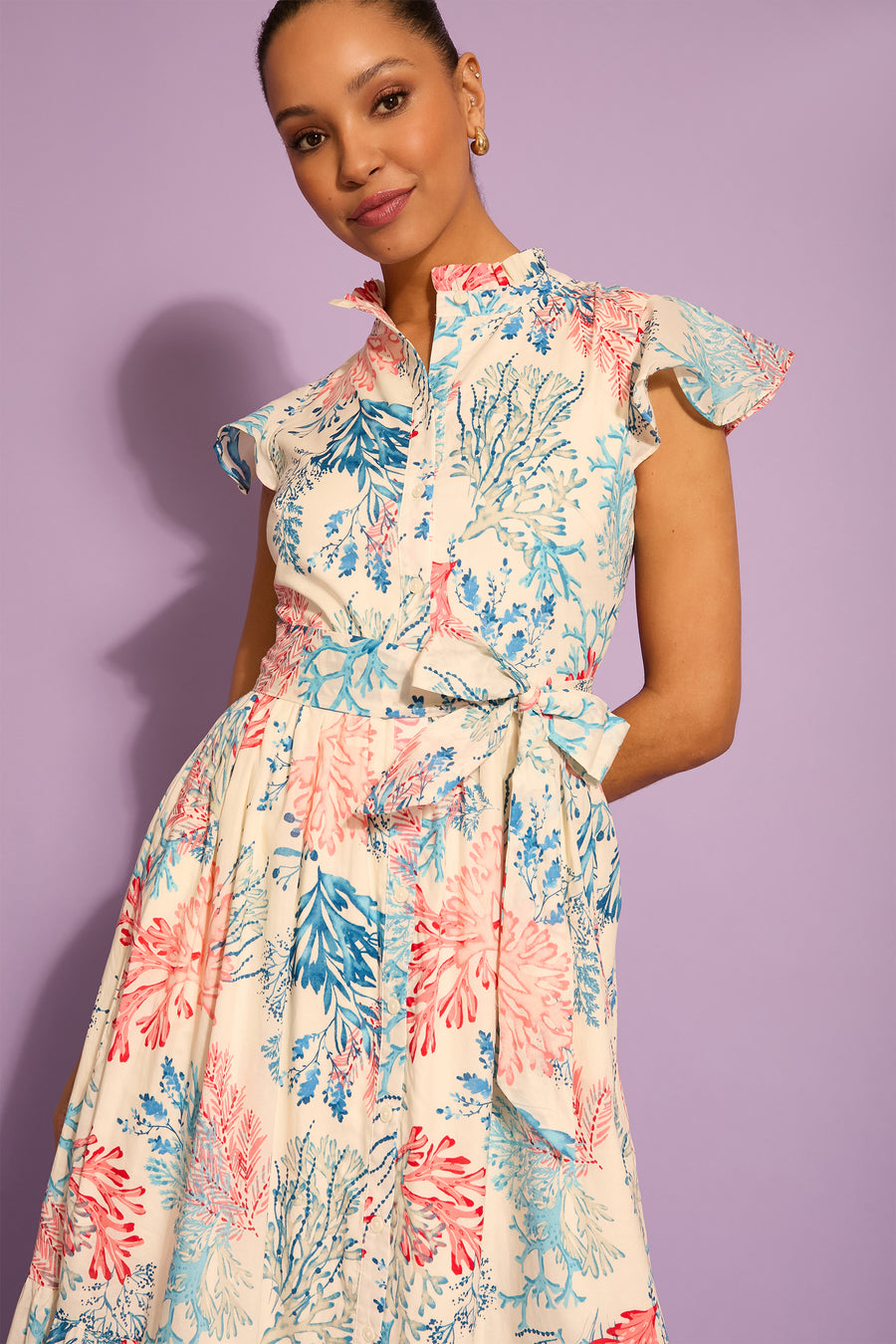 Adelina Flutter Sleeve Belted Tiered Midi Dress