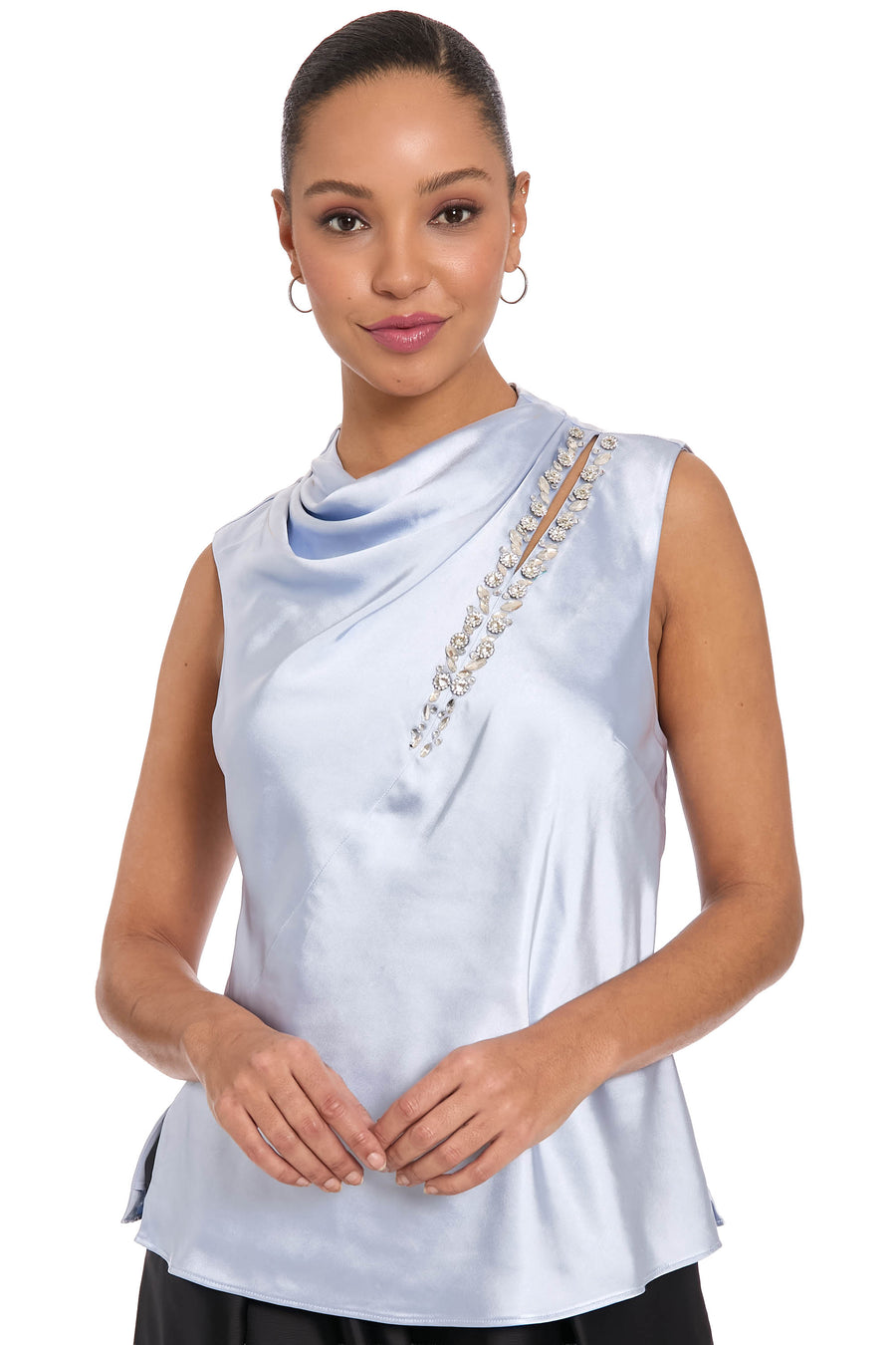 Nica Draped Mock Neck Satin Top