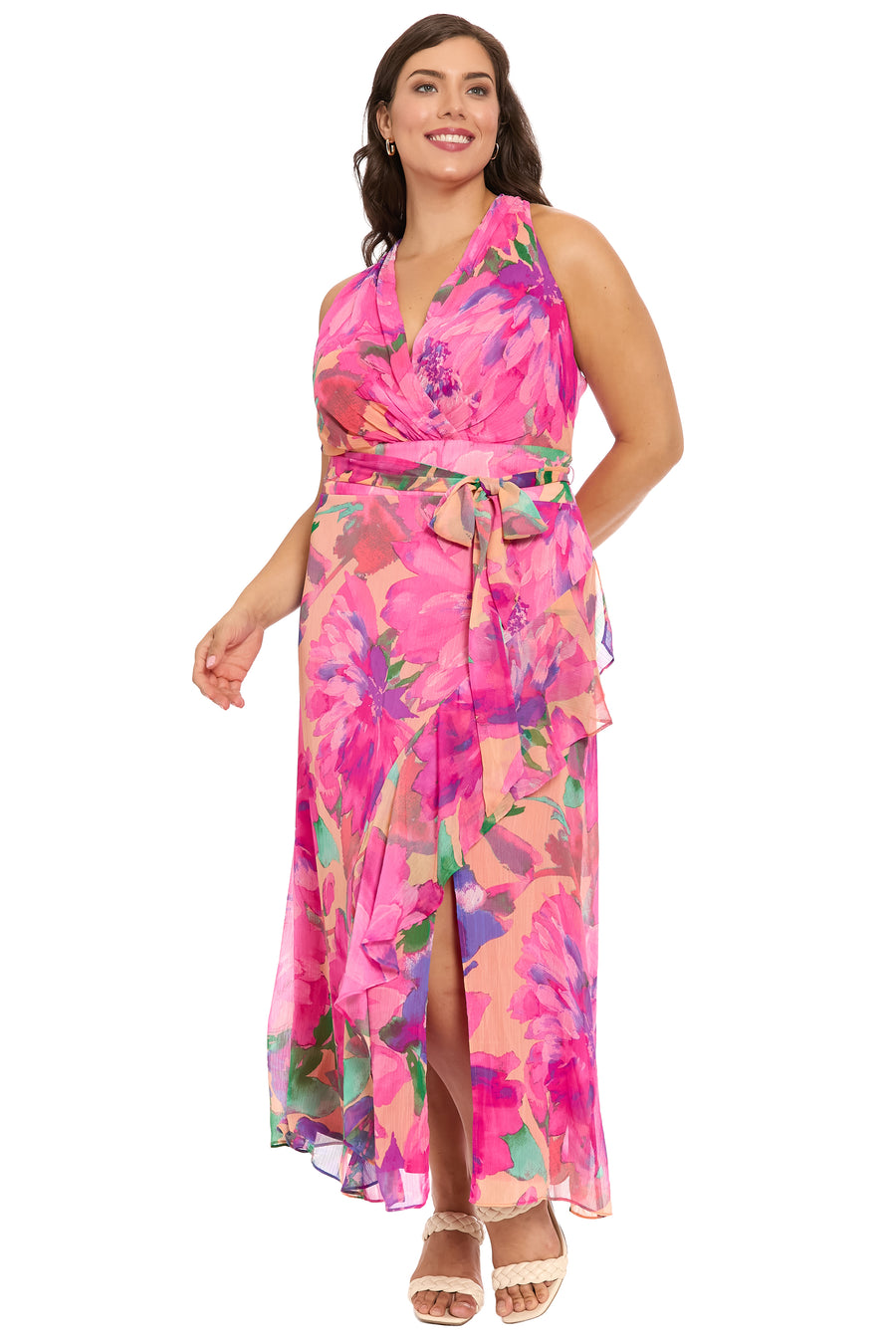 Amberlyn Halter Maxi in Magestic Garden A-Line | London Times PEACH/HOT PINK / Standard / 18 Amberlyn Halter Maxi in Magestic Garden A-Line | London Times PEACH/HOT PINK / Standard / 18