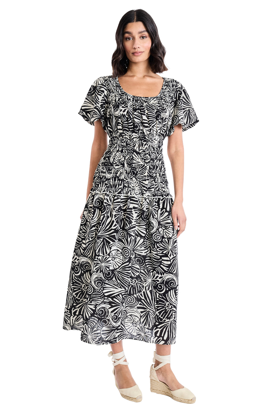 Joseph Smocked Puff Sleeve Midi Dress