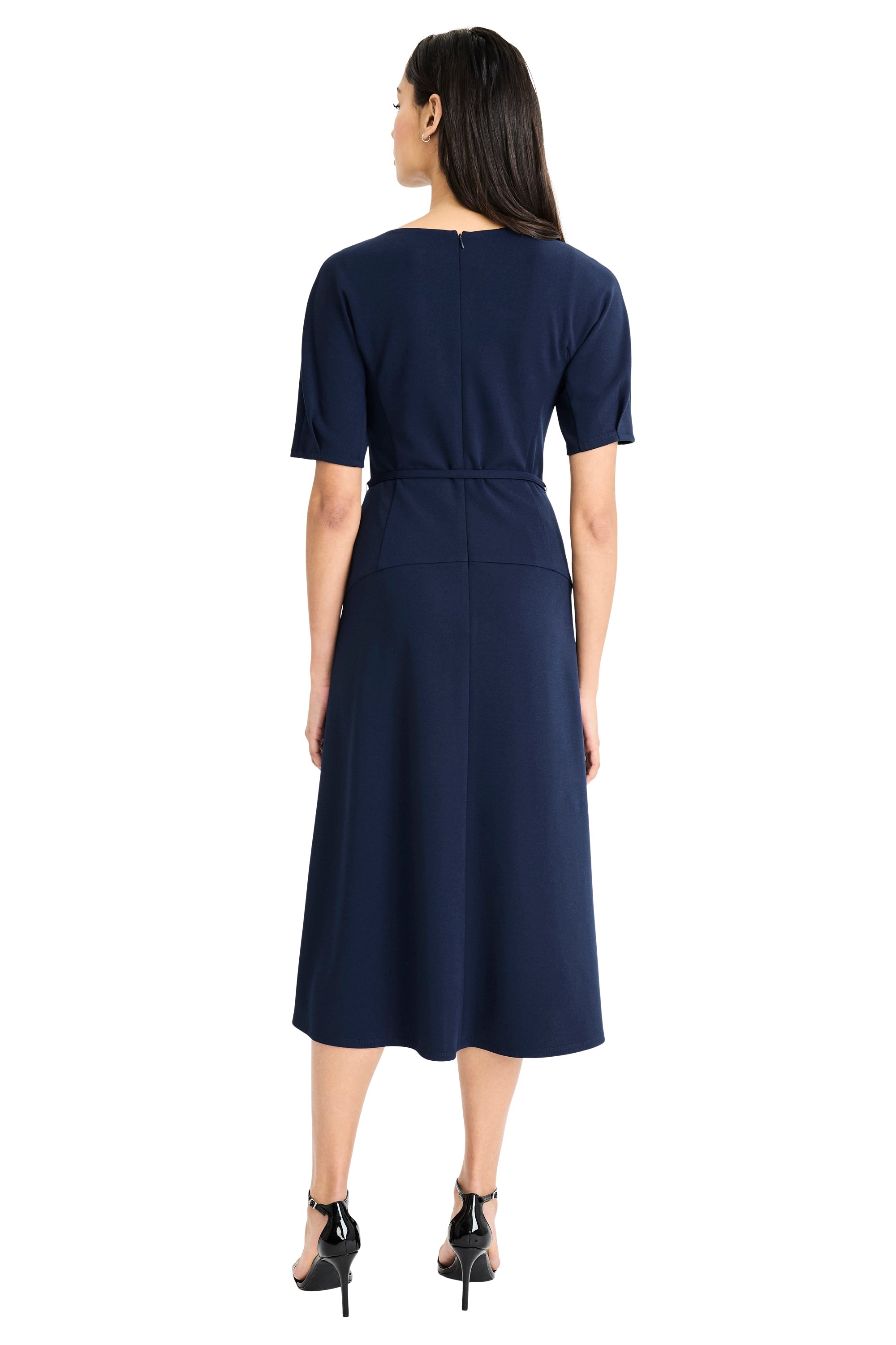 Nathalia Belted V-Neck Midi Dress Fit and Flare | Maggy London