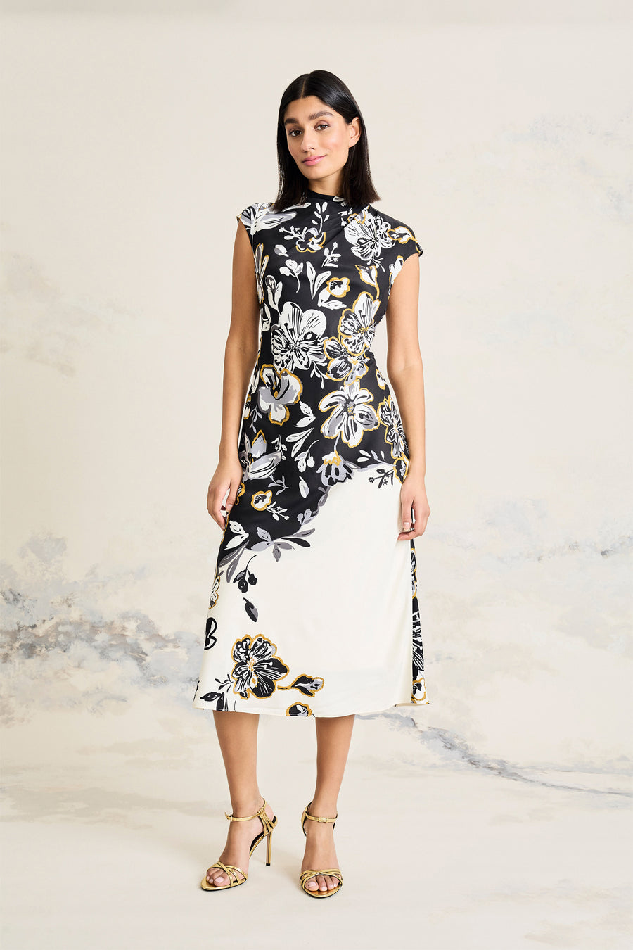 Maggy London Floral Printed Poly Twill High Neck Cap Sleeve Midi Dress, Womens, 8, Cream/Grey Maggy London Floral Printed Poly Twill High Neck Cap Sleeve Midi Dress, Womens, 8, Cream/Grey